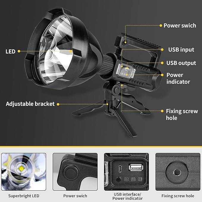 Super Bright Rechargeable Spotlight,Handheld Tactical Flashlight 4 Modes High Power Portable Waterproof Searchlight for Outdoor Tripod Adpater and USB Cable Included
