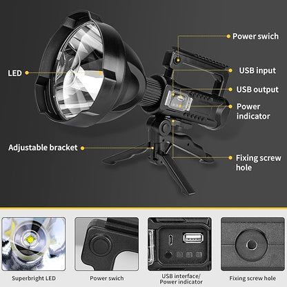 Super Bright Rechargeable Spotlight,Handheld Tactical Flashlight 4 Modes High Power Portable Waterproof Searchlight for Outdoor Tripod Adpater and USB Cable Included