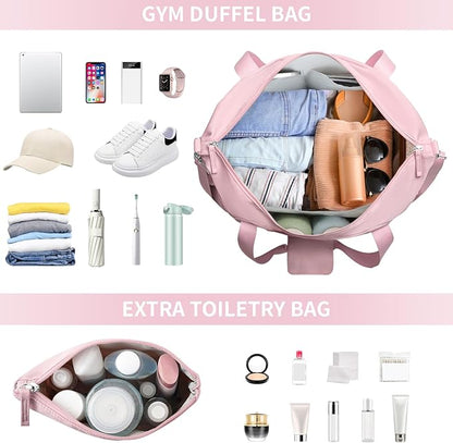 ETRONIK Gym Bag for Women, 47L Carry On Travel Duffel Bag with Shoes Compartment, Weekender Overnight Bag with Wet Pocket & USB Charging Port for Women, Travel, Gym, Weekend, Large Size (Pink)