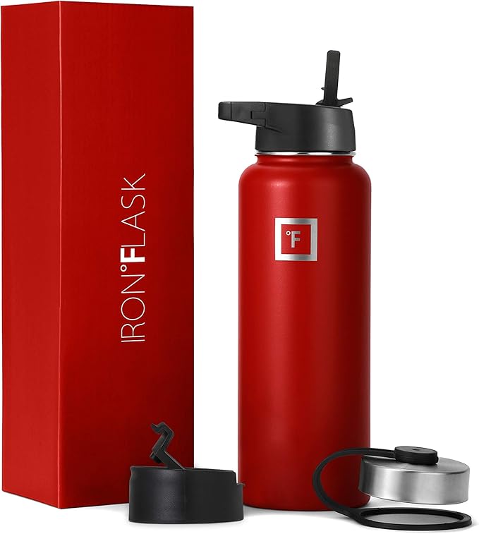 IRON °FLASK Camping & Hiking Hydration Flask, Wide Mouth, 3 Straw Lids, Stainless Steel Outdoor Water Bottle, Double Walled, Insulated Thermos, Metal Canteen - Fire Red, 40 Oz