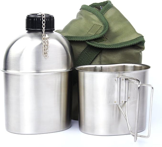 1.2QT Portable Water Bottle Stainless Steel Military Canteen with Cup Green Bag Outdoor Sport Camping Hiking Travel