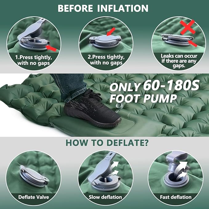 Double Sleeping Pad for Camping, Ultralight Camping Mattress with Pillow, Built-in Foot Pump, Thick Self-Inflatable 2-Person Portable Camping Mat for Backpacking Hiking Car Traveling Beach Tent