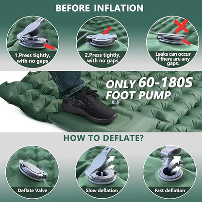 Double Sleeping Pad for Camping, Ultralight Camping Mattress with Pillow, Built-in Foot Pump, Thick Self-Inflatable 2-Person Portable Camping Mat for Backpacking Hiking Car Traveling Beach Tent