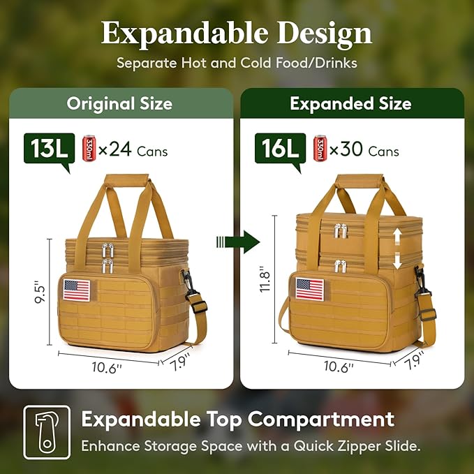 Lifewit Double Deck Tactical Lunch Box for Men, Expandable Leakproof Insulated Large Lunch Cooler with MOLLE Webbing and Shoulder Straps, Heavy Duty Lunch Bag for Men Work Camping Picnic, 16L Brown