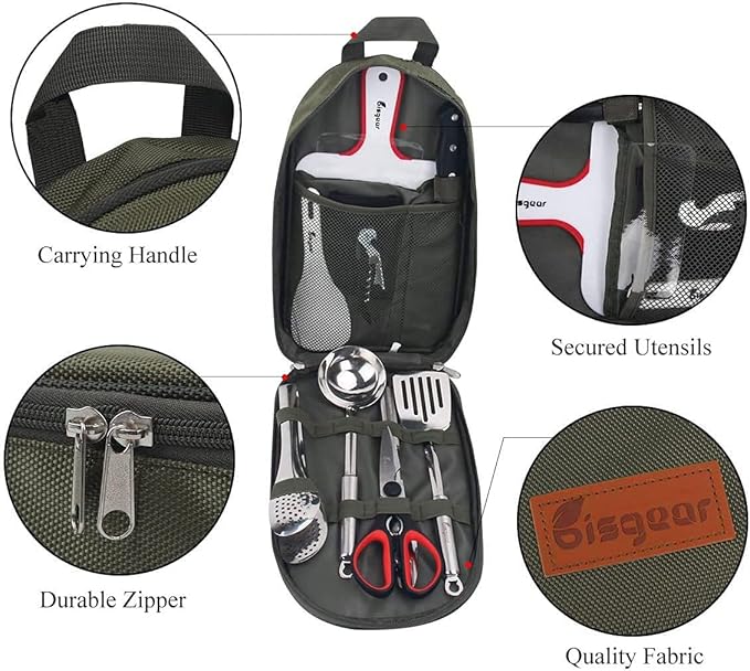 Bisgear Backpacking Camping Cookware Camp Kitchen Utensil BBQ Organizer Travel Mess Kit with Water Resistant Case, Cutting Board, Rice Paddle, Tongs, Scissors, Knife, Spork