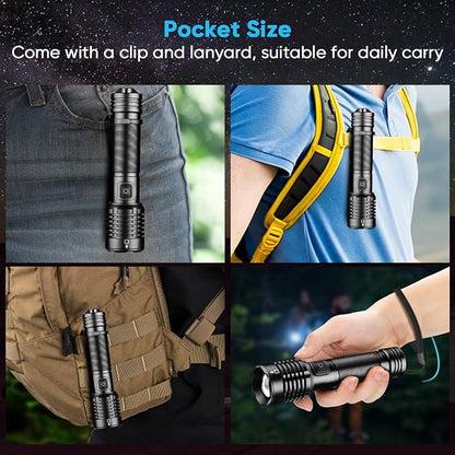 NAKCNM LED Flashlights High Lumens, Rechargeable Pocket Flashlight with Clip 5 Modes Super Bright 20000 Lumen, Waterproof Small Flashlights Powerful Flash Light for Home Outdoor Emergencies(2 Pack)
