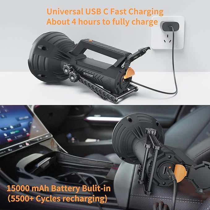 BUYSIGHT Rechargeable Flashlight 1000,000 Lumens COB Led Spotlight Floodlight IP67 Waterproof 15000mAh Long Lasting Long Distance Handheld Spotlight Impact Resistant with Foldable Stand and Red Lens