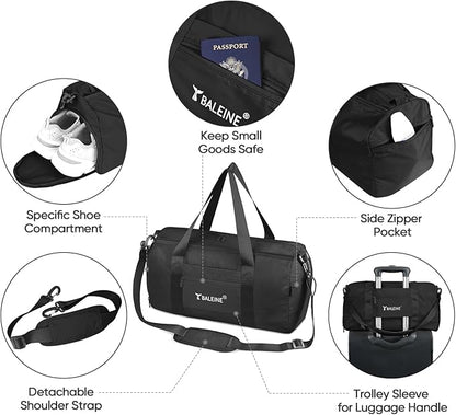 BALEINE Gym Bag for Women and Men, Small Duffel Bag for Sports, Gyms and Weekend Getaway, Waterproof Dufflebag with Shoe and Wet Clothes Compartments, Lightweight Carryon Gymbag (Black)