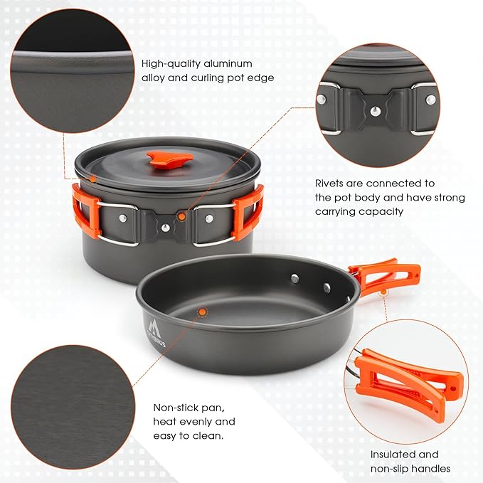 17pcs Camping Cookware Mess Kit, Non-Stick Pot Pan 1.1L Kettle Set with 2 set Stainless Steel Cups Plates Forks Knives Spoons for Hiking,Camping,Backpacking,Outdoor Cooking and Picnic