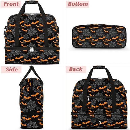 cfpolar Woman Travel Duffel Bag Halloween Bat Spider Web Foldable Tote Carry On Luggage Sports Gym Bag With Shoe Compartment Overnight Weekend Yoga Workout Bag Training Handbag