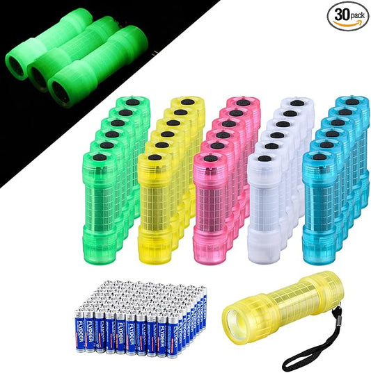 KunHe 30 Pack Glow in Dark Flashlights Camping Essentials Small Mini LED Flashlight COB Flashlights for Kids Bulk Fashlights Batteries Included Best Gift for Kids Night Party Favors in 5 Colors
