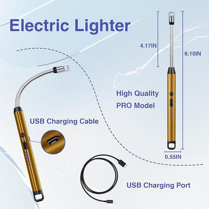 2 PCS Candle Lighter, Electric Lighter Arc Windproof Flameless with 360° Flexible Neck & LED Power Display,USB Rechargeable Lighter for BBQ, Grill, Camping, Fireplace, Stove(Gold)