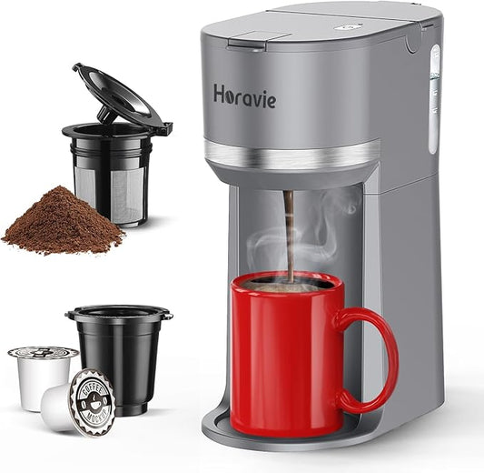 Mini Single Serve Coffee Maker for K Cup and Ground Coffee, Fast Brew One Cup Coffee Machine with Descaling Reminder and Water Window, 6 to 12 oz. Brew Sizes, Grey