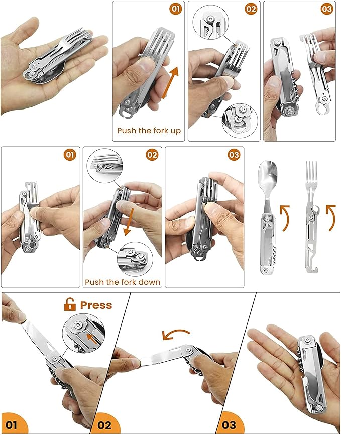 HONZIN Camping Utensil Set 5-in-1 Multi Functional Folding Flatware Set, Pocket Utensil Set Portable Detachable Stainless Steel Knife Spoon Fork Bottle Opener, Can Opener Combo Set with Carrying Bag
