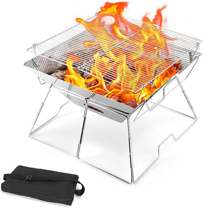 Odoland Folding Campfire Grill, 304 Stainless Steel Grate Barbeque Grill, Portable Camping Grill with Legs for Picnics, Backpacking, Outdoor with Carrying Bag and Kitchen Tongs
