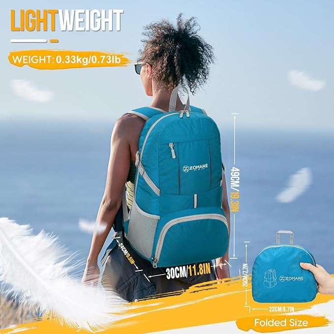 ZOMAKE Lightweight Packable Backpack 35L - Light Foldable Backpacks Water Resistant Collapsible Hiking Backpack - Compact Folding Day Pack for Travel Camping(Light Blue)