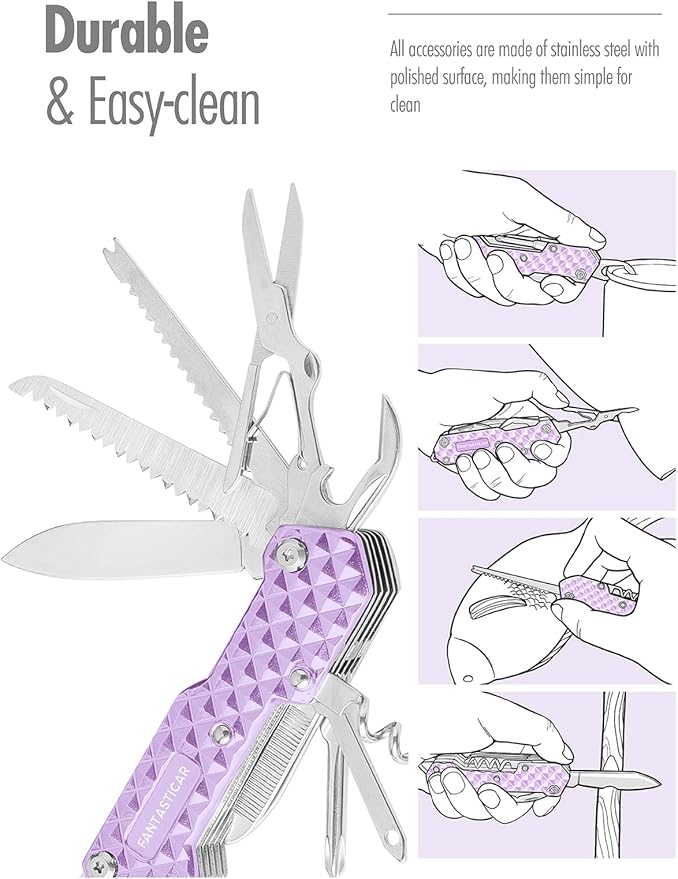 FantastiCAR 15 in 1 Multi-Tool, EDC Folding Pocket Knife with Premium Gift Box for Camping, Fishing, Hunting, Survival, or Outdoor (Purple)