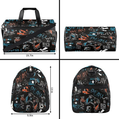 Joystick Game Dry Wet Depart Duffle Overnight Bag with Shoes Compartment & Wet Pockets, Doodle Water Resistant Weekender Travel Gym Pouch For Swim Gymnastics Ballet Sleepovers