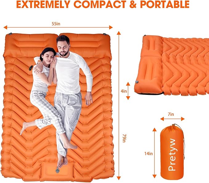 Double Sleeping Pad for Camping, Ultralight Camping Mattress with Pillow, Built-in Foot Pump, Thick Self-Inflatable 2-Person Portable Camping Mat for Backpacking Hiking Car Traveling Beach Tent