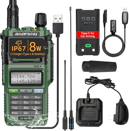 BAOFENG UV-9R Pro Ham Radio Handheld Two Way Radio Dual Band Waterproof Transceiver Long Range Rechargeable Walkie Talkie with Programming Cable and Type-C Charger