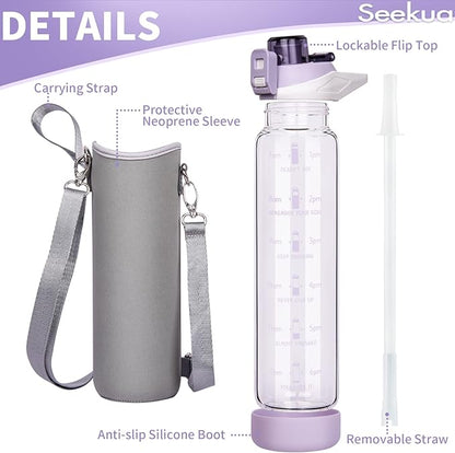 32 oz Sports Glass Water Bottle with Straw and Time Marker, Large Resuable Motivational Glass Drinking Bottle for Infused Water, Fruit, Smoothie, Coffee
