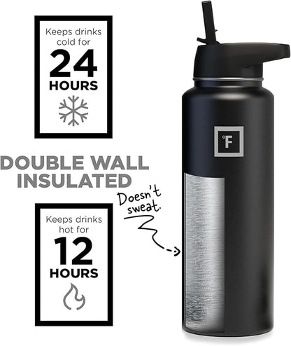 IRON °FLASK Camping & Hiking Hydration Flask, Wide Mouth, 3 Straw Lids, Stainless Steel Outdoor Water Bottle, Double Walled, Insulated Thermos, Metal Canteen - Midnight Black, 40 Oz