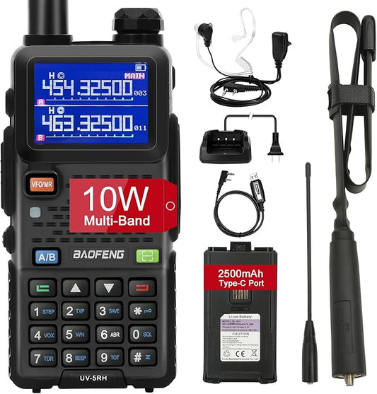 BAOFENG UV-5RM 10W Radio, Ham Radio Long Range with Tctical Antenna Handheld Multi-Band Two Way Walkie Talkie, Portable UV5RM GMRS Radio with Air Duct Earpiece & 2500mAh Type-C Port Battery