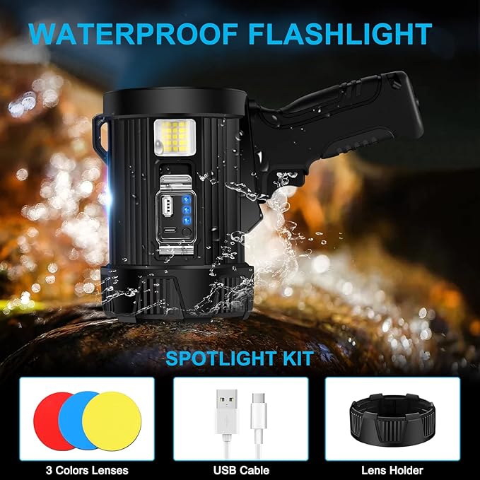 GRC Rechargeable Spotlight, 90000 Lumens Super Bright Handheld Spotlight Flashlight with Solar Panels, Led Spot Lights for Outdoor,Hunting,Camping,Boating