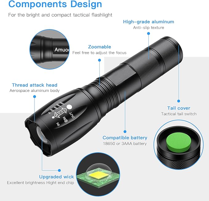 LED Tactical Flashlight S1000, Handheld Flashlights 5 Modes, Zoomable, Water Resistant Camping Outdoor Hiking Flashlights Emergency (Batteries Not Included), Black