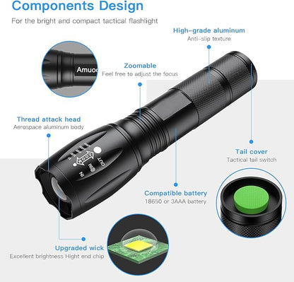 LED Tactical Flashlight S1000, Handheld Flashlights 5 Modes, Zoomable, Water Resistant Camping Outdoor Hiking Flashlights Emergency (Batteries Not Included), Black