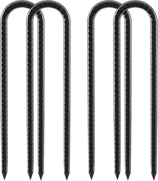 12inch Rebar Stakes, 4 Pack U Hook Ground Anchors, Heavy Duty Rust Proof Coated Steel Ground Stakes Ground Anchors, Garden Stake Metal Stakes Tent Stakes Trampoline Anchors Trampoline (Black)