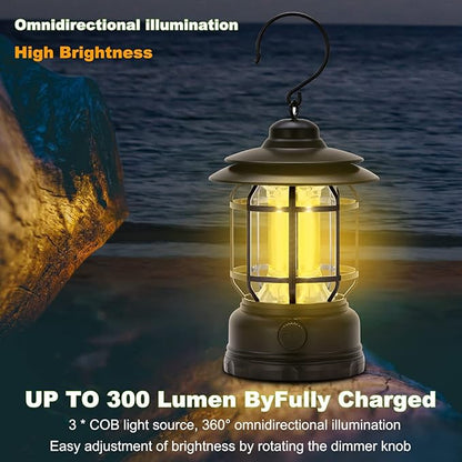 LED Camping Lanterns Rechargeable Portable, Vintage Style Tabletop Lantern, Stepless Dimming, Waterproof - Black, 2 Pack for Camping, Hanging Tent Light, and Power Outages