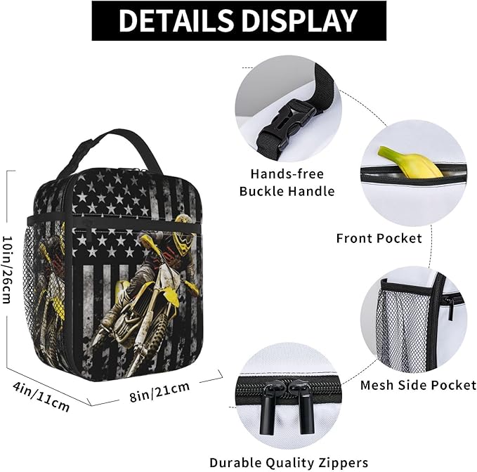 American Flag Motorcycle Lunch Bag Insulated Reusable Lunch Box Thermal Cooler Tote For Men Women Work Travel Picnic Hiking