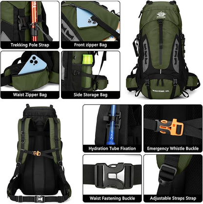 60L Hiking Backpack Men Camping Backpack with rain cover Lightweight Backpacking Backpack Travel Backpack (Army Green)