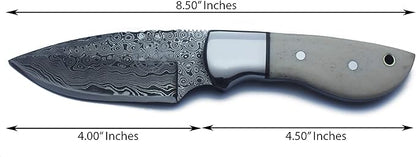 Handmade Damascus Steel Fixed Blade Bowie Knife Ideal for Edc,Fishing,Hunting,Camping,Bushcrafting Skinning and Survival with Full Tang Camel Bone Handle with Cowhide-Leather Sheath-DCX17-7