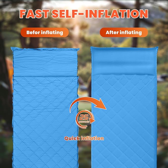 3.2" Ultra Thick Self Inflating Sleeping Pad, Fast Inflating Camping Mattress with Memory Foam, Camping Mat with Pillow & Pump Sack, 4 Season Insulated Sleeping Pad for Camping, Tent