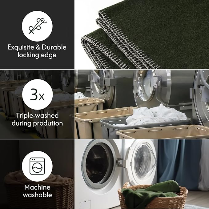 100% Wool Blanket, 62" x 86", Warm, Thick, Washable, Military Wool Blanket, Great for Camping, Outdoors, Sporting Events, Survival Kits