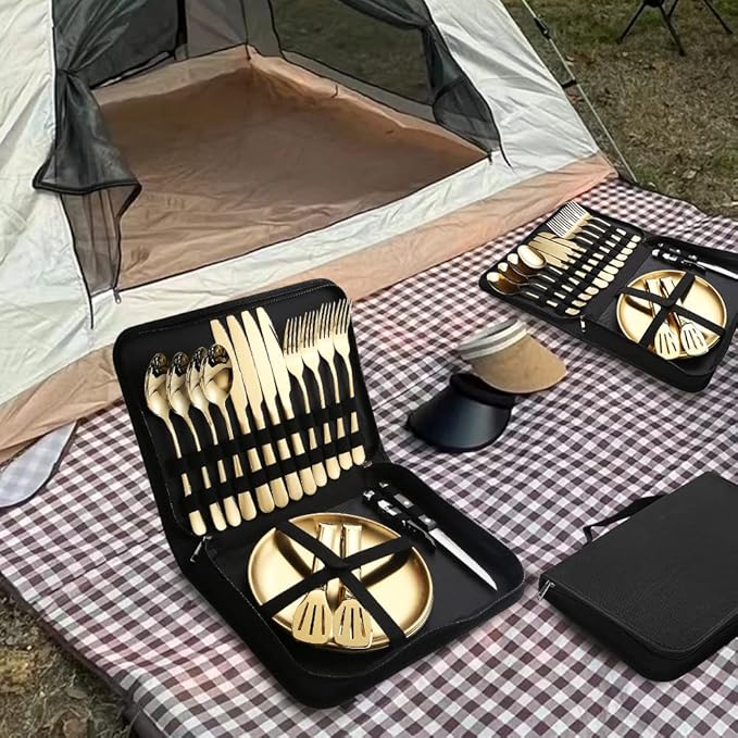 Picnic Dishes Utensils Gold Camping Flatware Set for 4 Portable Tableware Plates Silverware Forks Spoons Knives Bottle Opener Food Tongs Complete Kit with Zipper Bag
