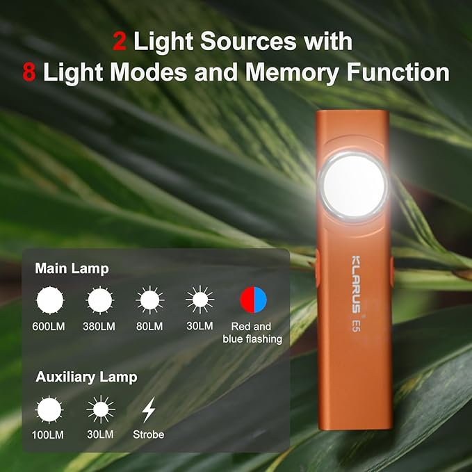 klarus E5 Pocket Flashlight, Rechargeable EDC Flashlight, Super Slim Flat 4.2x1x0.3inch, 470 Lumens, USB-C Port, IPX4, Dual Light Source with Magnetic Base, Hat & Clothes Clip - Orange