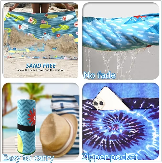 Beach Towel Microfiber Beach Towel with Pocket Sand Free Beach Blanket Super Lightweight Thin Towels for Swimming Pool, Camping, Picnic, Yoga Gym Sports, Blue Die dye Beach Towels (tie dye blue)
