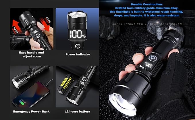 Super Bright LED Flashlight Handheld Tactical for Home Office car Camping Fishing Outdoor Emergency use, Water Resistance, zoomable 24 Hours Battery Life, Storage case 5 Mode. Power Display
