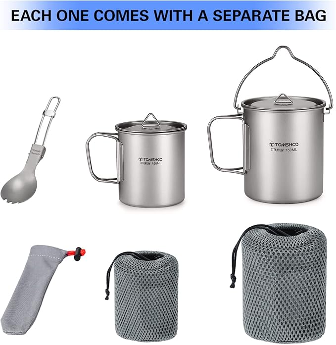 TOMSHOO Camping Titanium Pot Outdoor Titanium Mug with Lid Camping Coffee Cup with Foldable Handle for Camping Hiking Travelling Backpacking Camping Open Fire