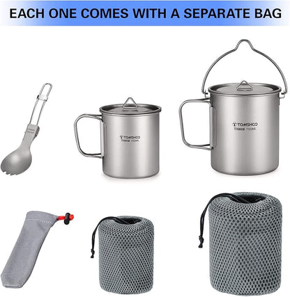 TOMSHOO Camping Titanium Pot Outdoor Titanium Mug with Lid Camping Coffee Cup with Foldable Handle for Camping Hiking Travelling Backpacking Camping Open Fire