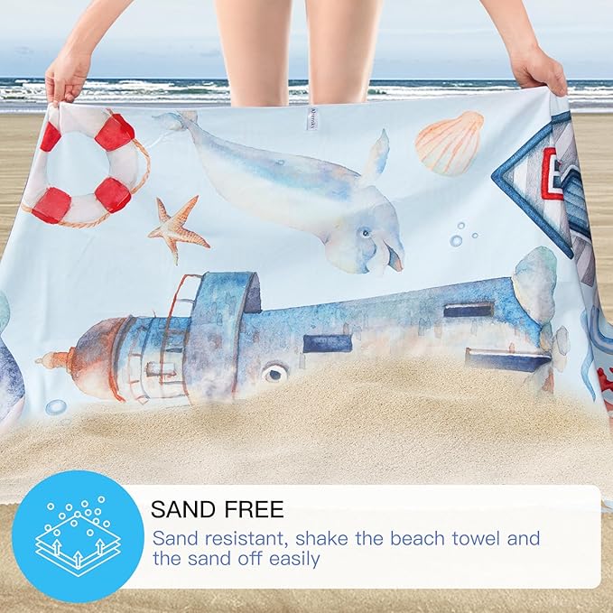 Microfiber Sand Free Beach Towel 72"x36",Extra Large Lightweight Super Absorbent Thin Fast Drying Towels for Swimming Bathing Outdoor Travel Hiking Adults(2 Pack Lighthouse)