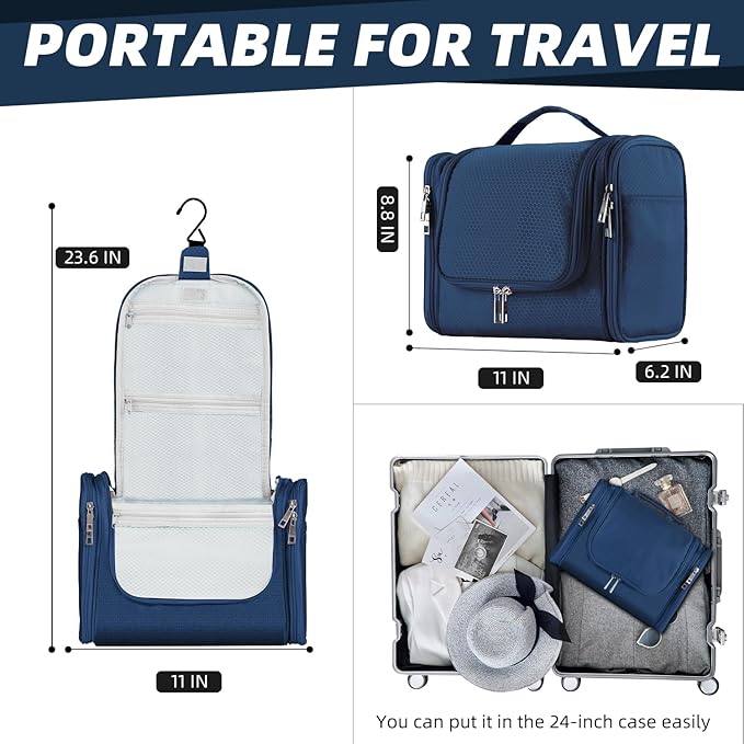 Buruis Large Capacity Toiletry Bag for Women and Men, Hanging Toiletry Organizer Cosmetics Makeup Bag, Water-resistant Dopp Kit Shaving Bags for Full Sized Toiletries, Travel Essentials (Blue)