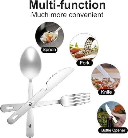 KINLINK 4-in-1 Camping Utensils 3-Pack, Portable Stainless Steel Spoon, Fork, Knife & Bottle Opener Combo Set, Travel/Camping/Hiking/Picnic/Barbecue/Outdoor Backpacking Utensils with Carrying Bag