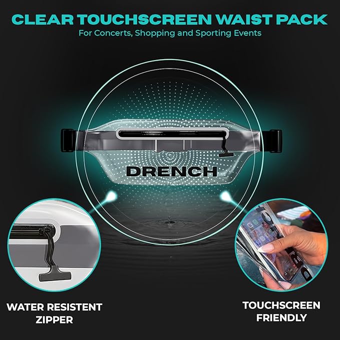 Drench Clear Waist Bag – Stadium Approved, Touchscreen Friendly, Water-Resistant Zipper, Fits iPhone 15, 14, 13, Samsung Galaxy S23, Pixel 8 – Small Concert Bag for Events, Airports, Casual Fashion