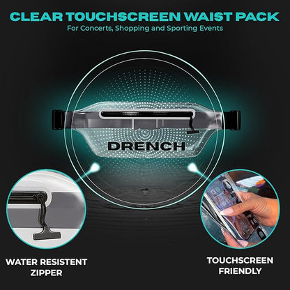 Drench Clear Waist Bag – Stadium Approved, Touchscreen Friendly, Water-Resistant Zipper, Fits iPhone 15, 14, 13, Samsung Galaxy S23, Pixel 8 – Small Concert Bag for Events, Airports, Casual Fashion