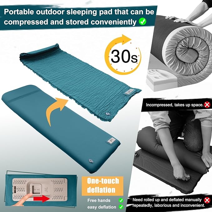 Self Inflating Sleeping Pad with Electric Pump,3.14"Thick Memory Foam Sleeping Mats for Camping,Easy Inflate&Deflate,9.5 R-Value Insulated Camping Mattress with Pillow for Car Travel Tent,Peacock-Blue