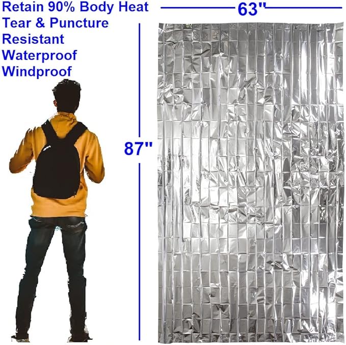 Emergency Blanket Survival Gear | Foil Mylar Thermal Blankets 63" x 87" inches (Pack of 10) | Big Double Sided Escape Tact Bivvy, | for NASA, Outdoors, Hiking, Space, Marathons First Aid Kit